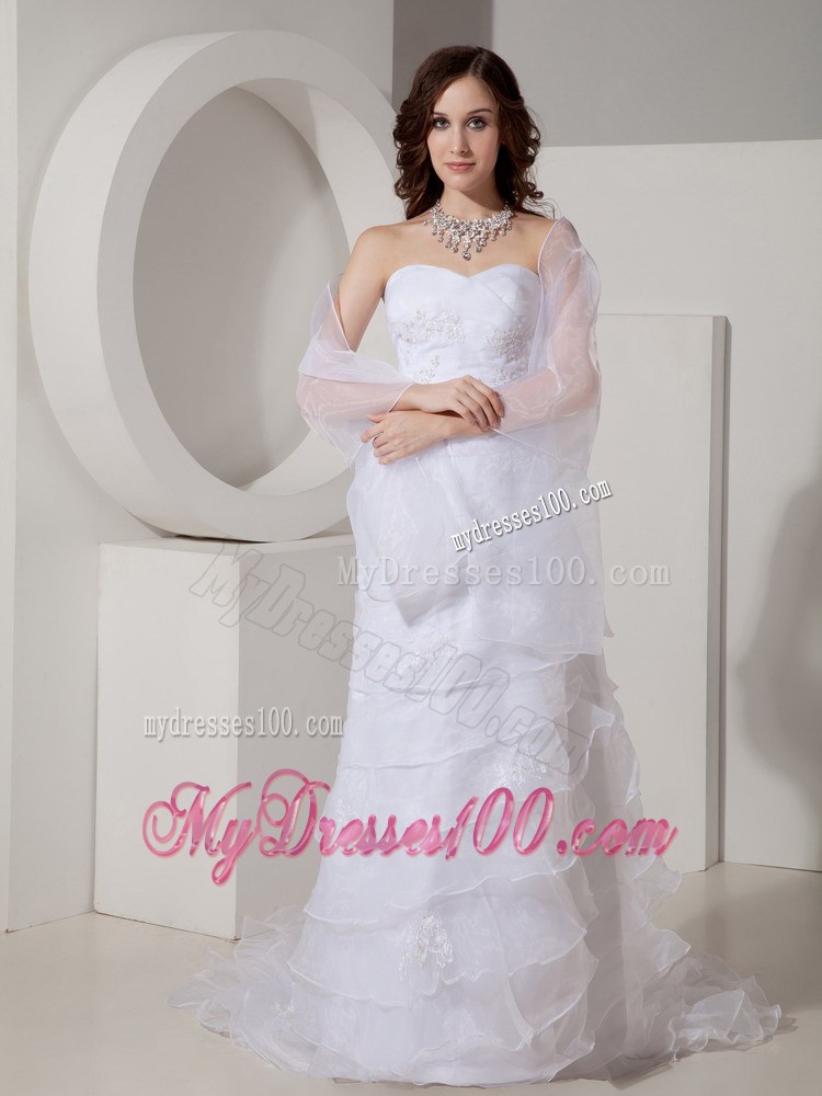 Appliques and Diamonds Layers Brush Train Bridal Gowns with Wraps