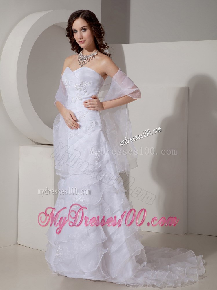 Appliques and Diamonds Layers Brush Train Bridal Gowns with Wraps