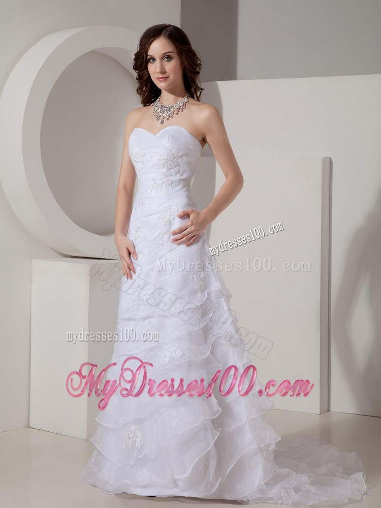 Appliques and Diamonds Layers Brush Train Bridal Gowns with Wraps
