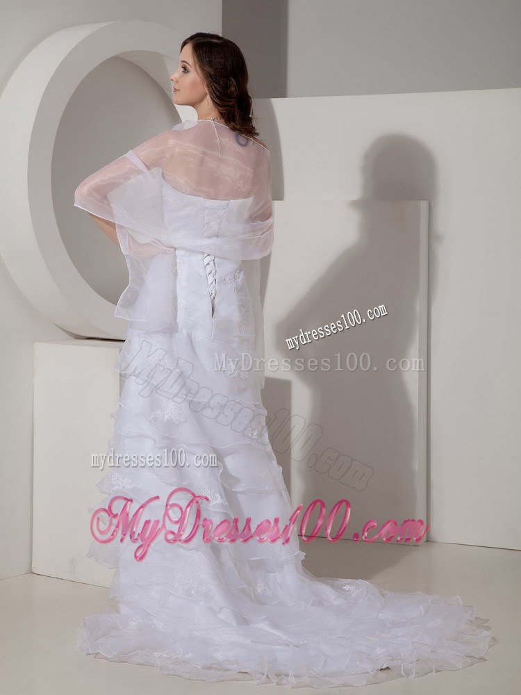 Appliques and Diamonds Layers Brush Train Bridal Gowns with Wraps