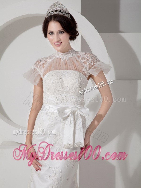 High-neck Column Brush Train Sash Wedding Dresses with Short Sleeves