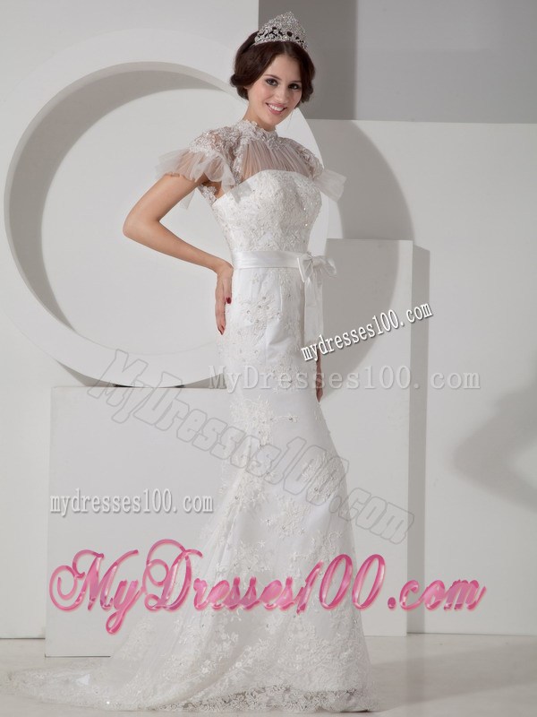 High-neck Column Brush Train Sash Wedding Dresses with Short Sleeves