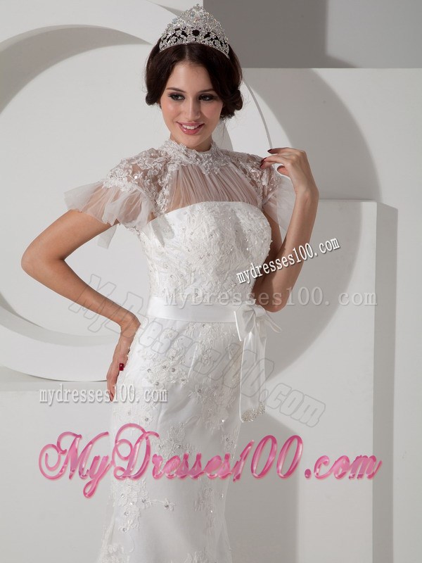 High-neck Column Brush Train Sash Wedding Dresses with Short Sleeves