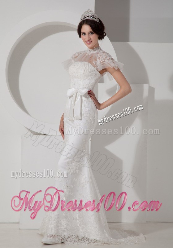 High-neck Column Brush Train Sash Wedding Dresses with Short Sleeves