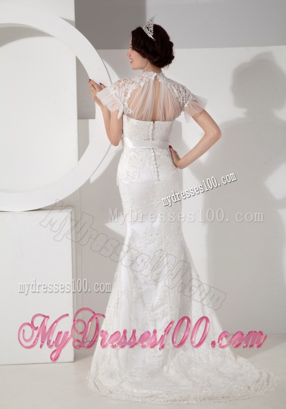 High-neck Column Brush Train Sash Wedding Dresses with Short Sleeves