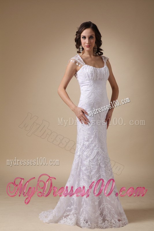 Sheer Straps Column Lace Flowers Bridal Dresses with Transparent Back