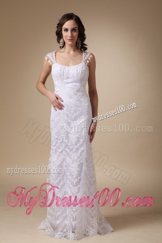 Sheer Straps Column Lace Flowers Bridal Dresses with Transparent Back