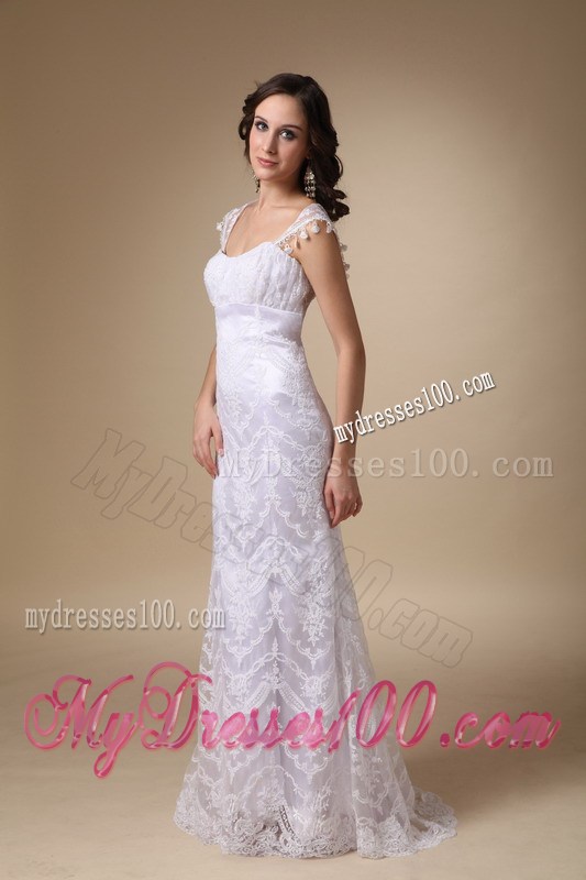 Sheer Straps Column Lace Flowers Bridal Dresses with Transparent Back
