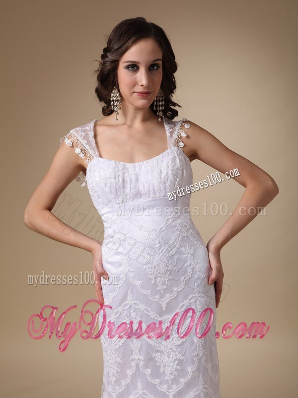 Sheer Straps Column Lace Flowers Bridal Dresses with Transparent Back