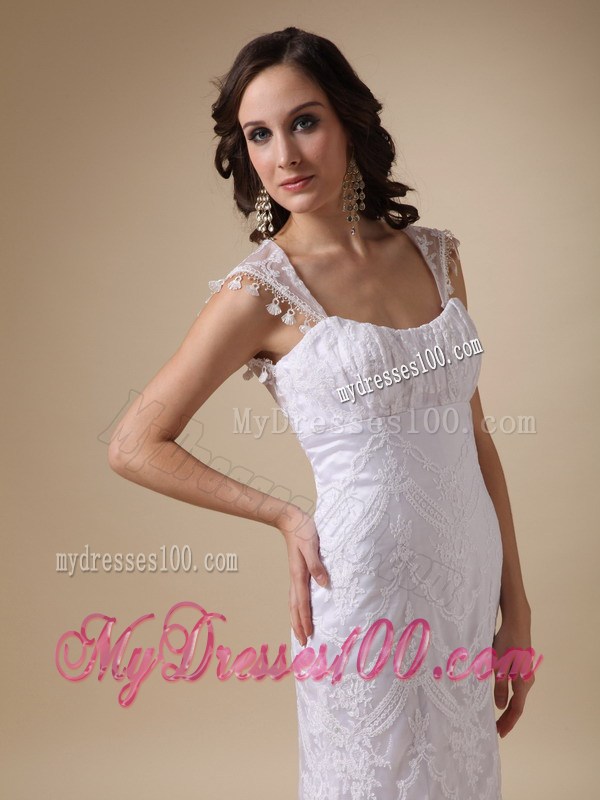 Sheer Straps Column Lace Flowers Bridal Dresses with Transparent Back