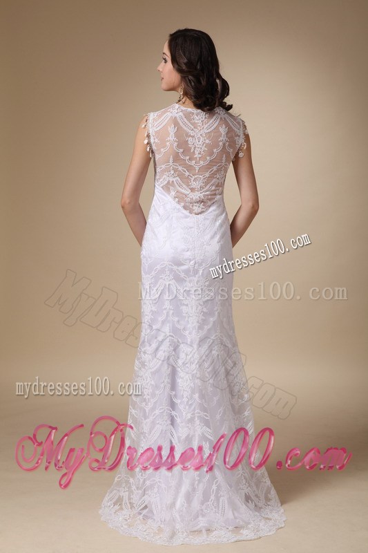 Sheer Straps Column Lace Flowers Bridal Dresses with Transparent Back