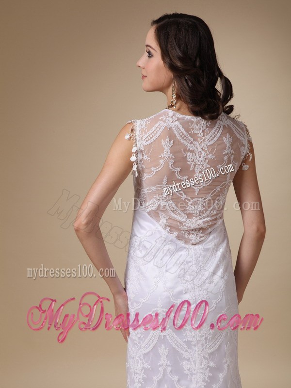 Sheer Straps Column Lace Flowers Bridal Dresses with Transparent Back