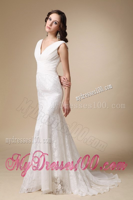 Chiffon and Lace Column Brush Wedding Gown with V-neck and V-back