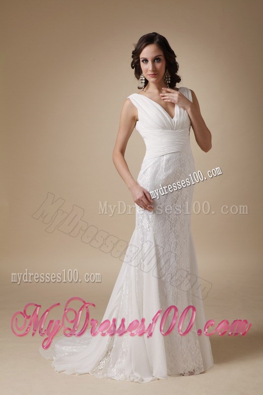 Chiffon and Lace Column Brush Wedding Gown with V-neck and V-back