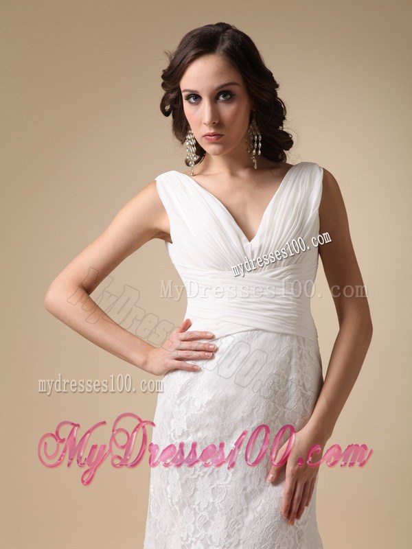 Chiffon and Lace Column Brush Wedding Gown with V-neck and V-back