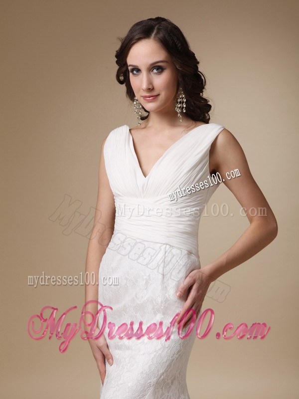 Chiffon and Lace Column Brush Wedding Gown with V-neck and V-back