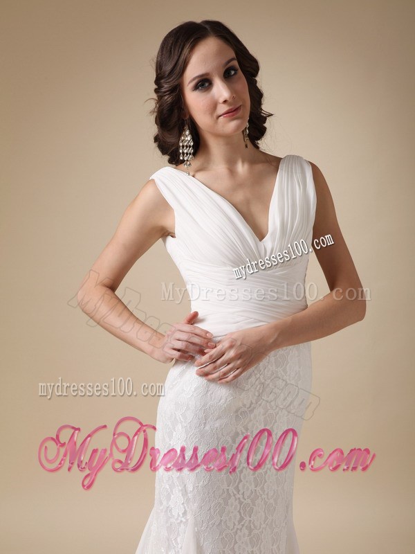Chiffon and Lace Column Brush Wedding Gown with V-neck and V-back