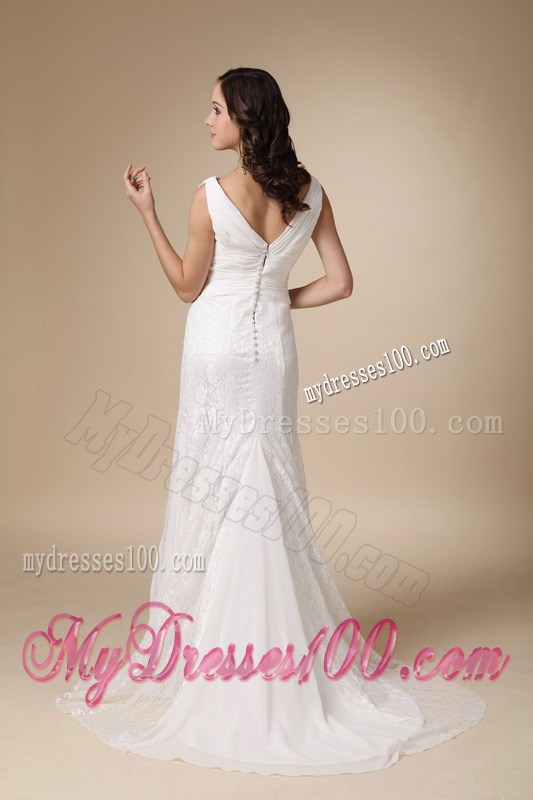 Chiffon and Lace Column Brush Wedding Gown with V-neck and V-back