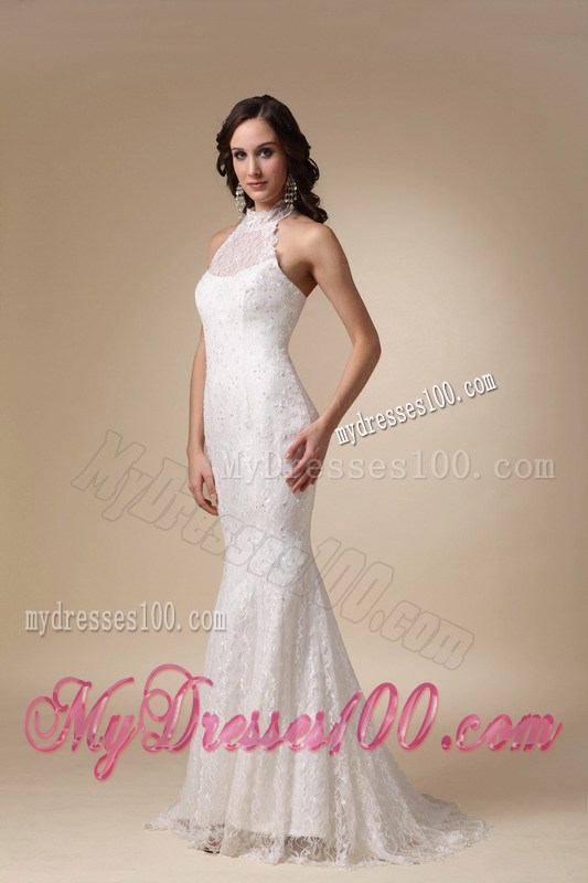 High-neck Mermaid Sleeveless Taffeta and Lace Brush Wedding Gown