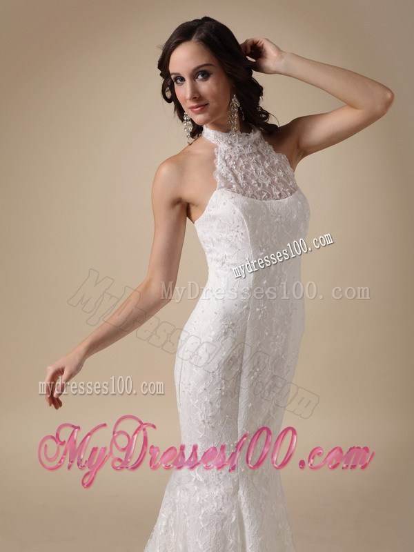High-neck Mermaid Sleeveless Taffeta and Lace Brush Wedding Gown
