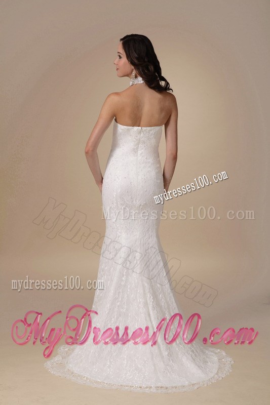 High-neck Mermaid Sleeveless Taffeta and Lace Brush Wedding Gown