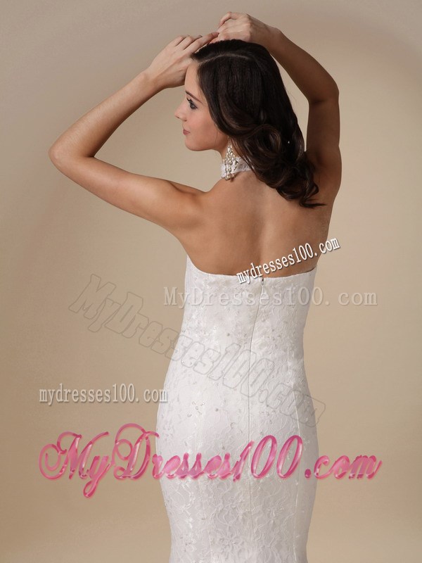 High-neck Mermaid Sleeveless Taffeta and Lace Brush Wedding Gown