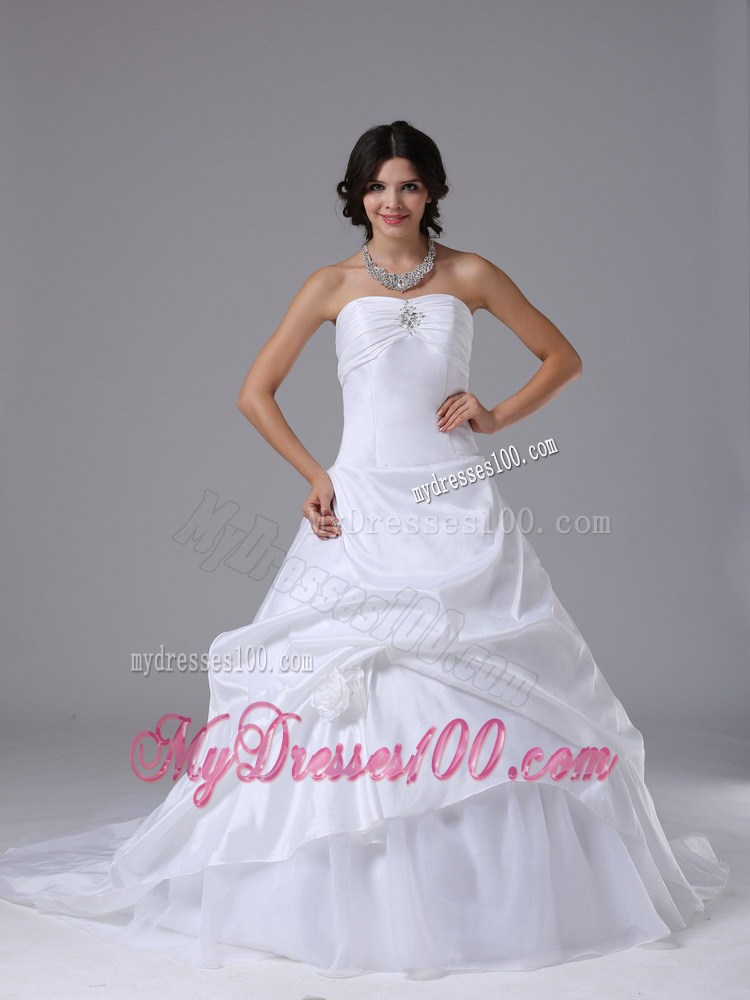Ruches and Flowers Accent on Strapless White Taffeta Wedding Gowns