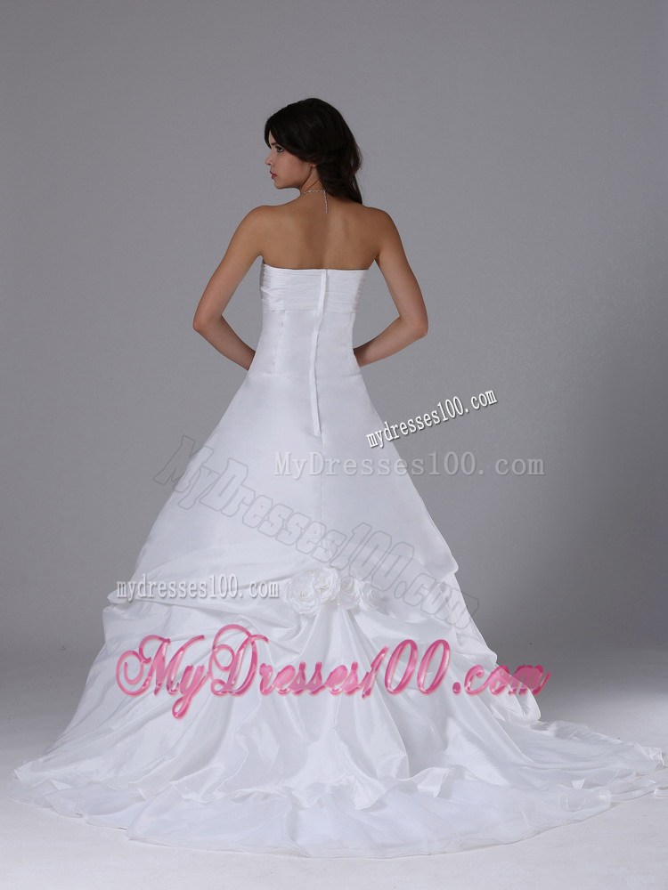 Ruches and Flowers Accent on Strapless White Taffeta Wedding Gowns