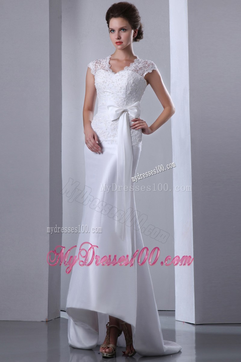 New Style Lace Scoop Ruched High Low Bridal Dress with Bowknot