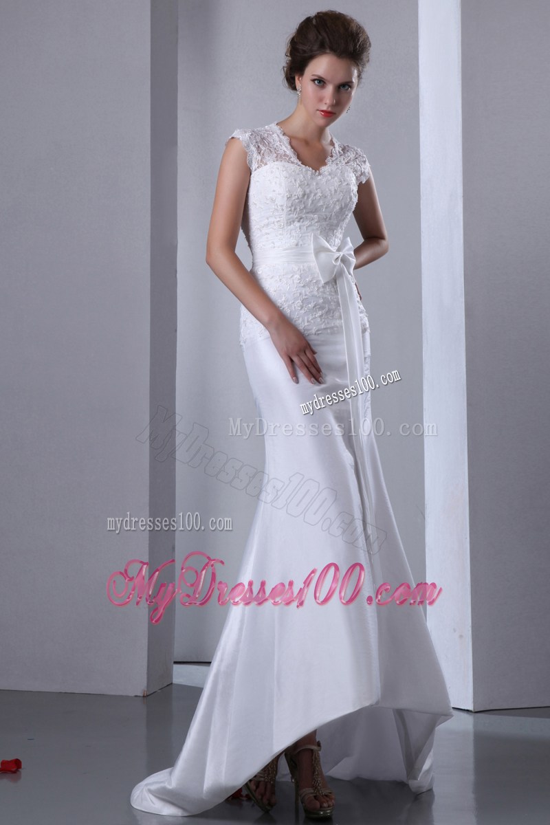 New Style Lace Scoop Ruched High Low Bridal Dress with Bowknot