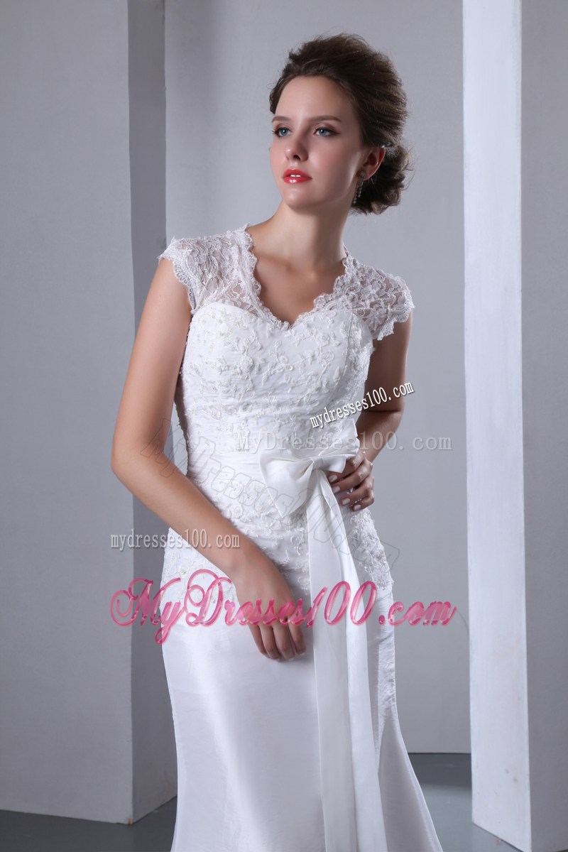 New Style Lace Scoop Ruched High Low Bridal Dress with Bowknot