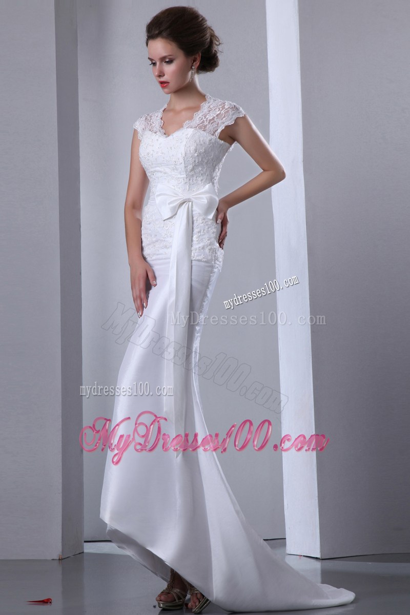 New Style Lace Scoop Ruched High Low Bridal Dress with Bowknot