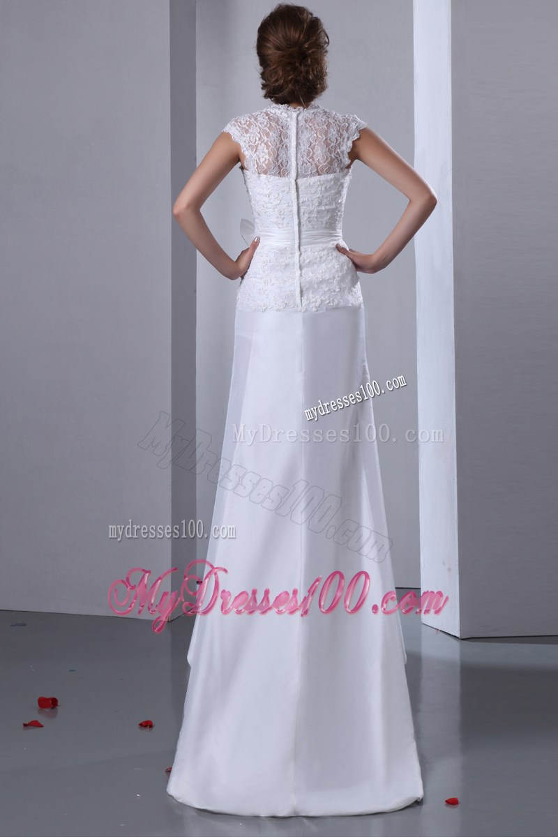 New Style Lace Scoop Ruched High Low Bridal Dress with Bowknot