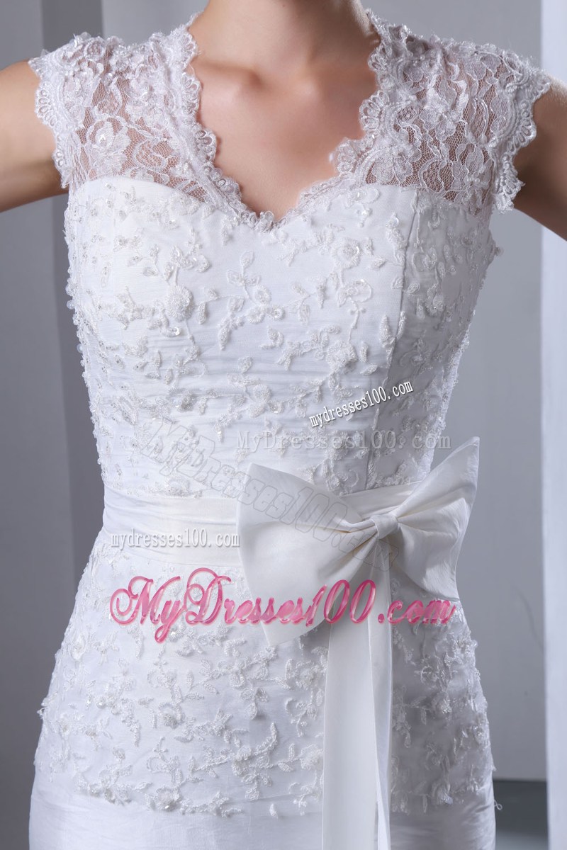 New Style Lace Scoop Ruched High Low Bridal Dress with Bowknot