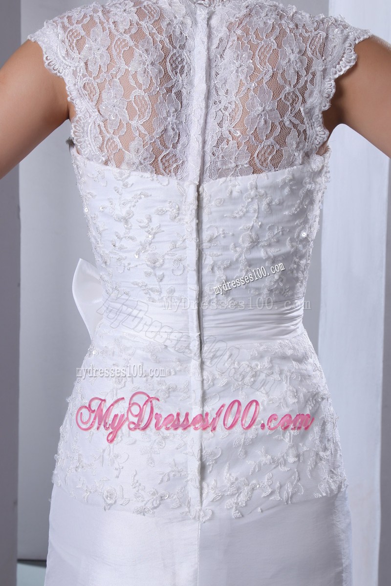 New Style Lace Scoop Ruched High Low Bridal Dress with Bowknot