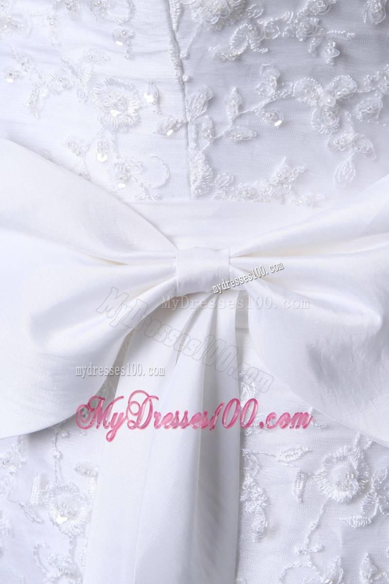 New Style Lace Scoop Ruched High Low Bridal Dress with Bowknot