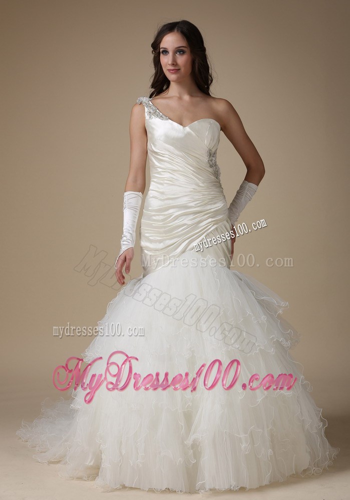 Ruffled and Ruched Mermaid One Shoulder Wedding Gown with Appliques