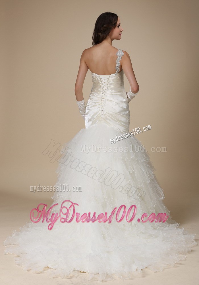 Ruffled and Ruched Mermaid One Shoulder Wedding Gown with Appliques