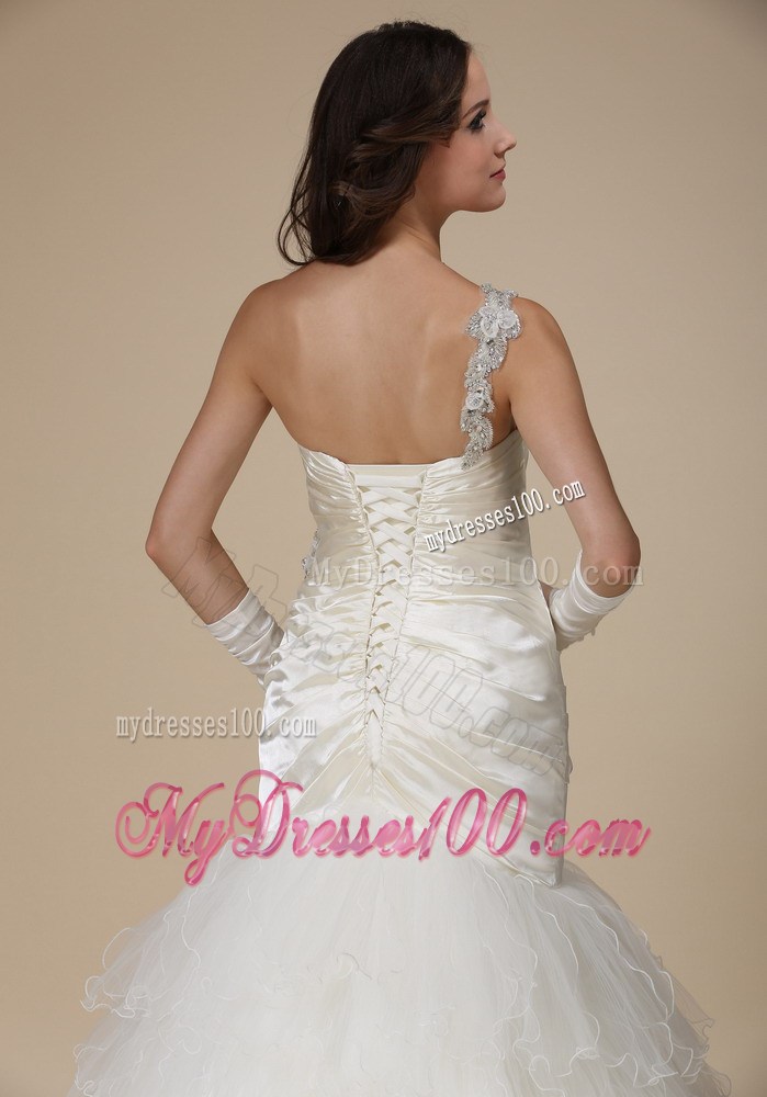 Ruffled and Ruched Mermaid One Shoulder Wedding Gown with Appliques