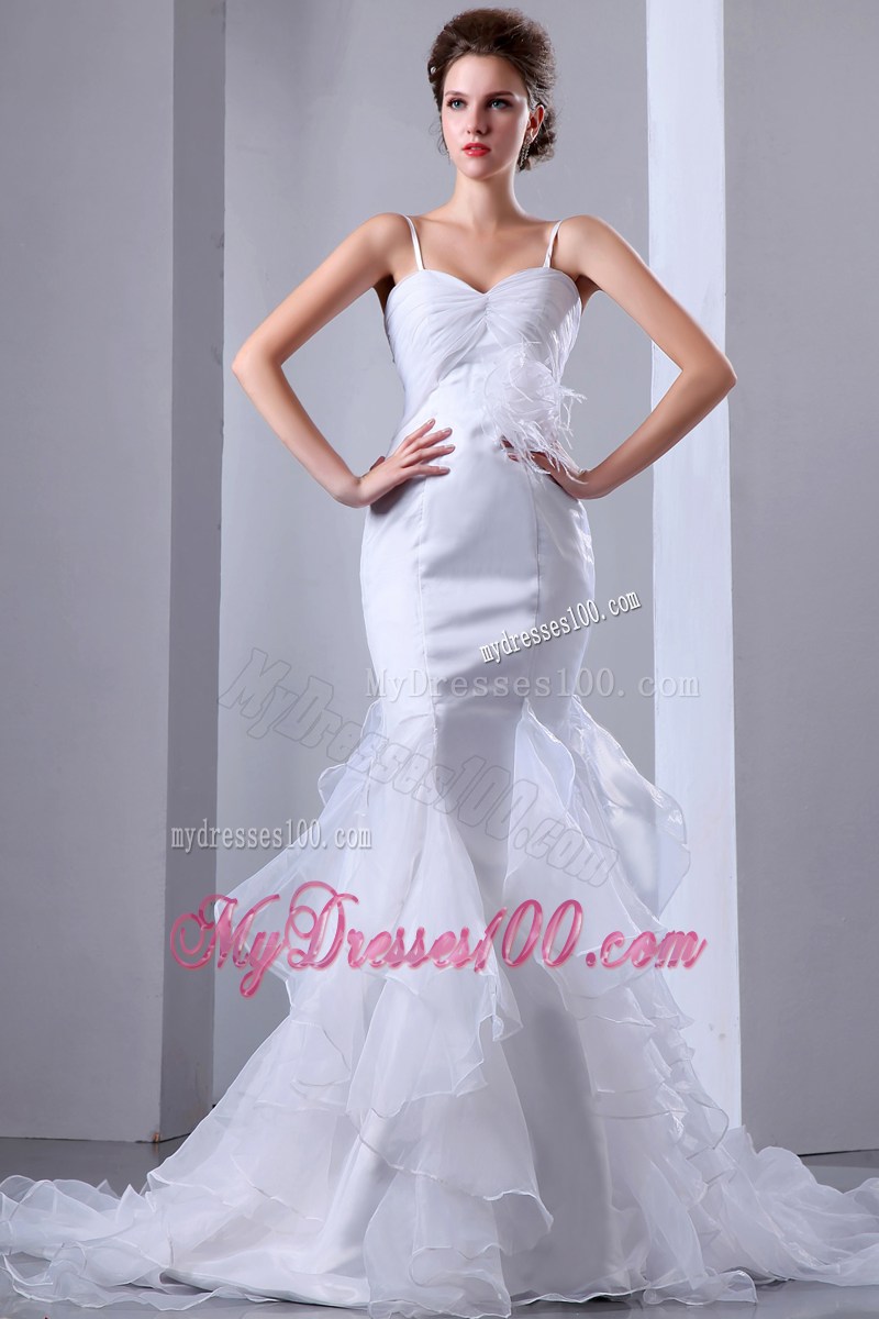 Spaghetti Straps Tiers Trumpet Feather Handle Flowers Bridal Dress