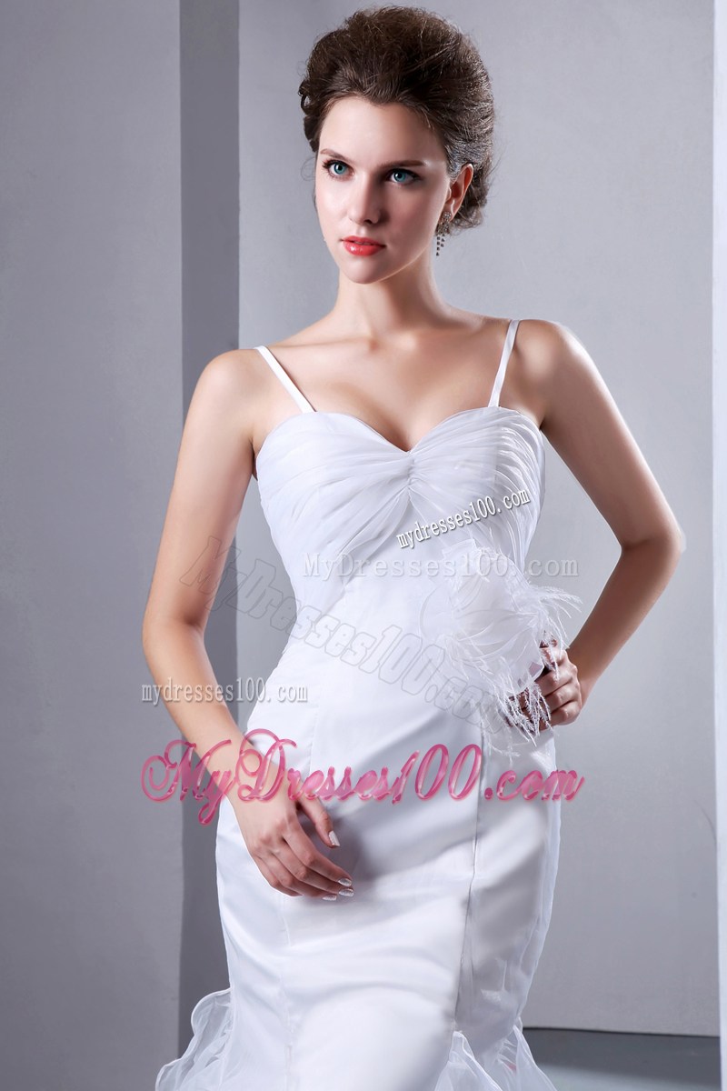Spaghetti Straps Tiers Trumpet Feather Handle Flowers Bridal Dress