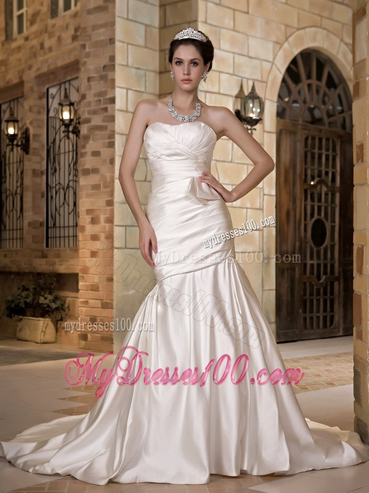 Pretentious Strapless Chapel Train Mermaid Cream Colored Wedding Dress