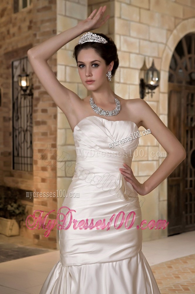 Pretentious Strapless Chapel Train Mermaid Cream Colored Wedding Dress