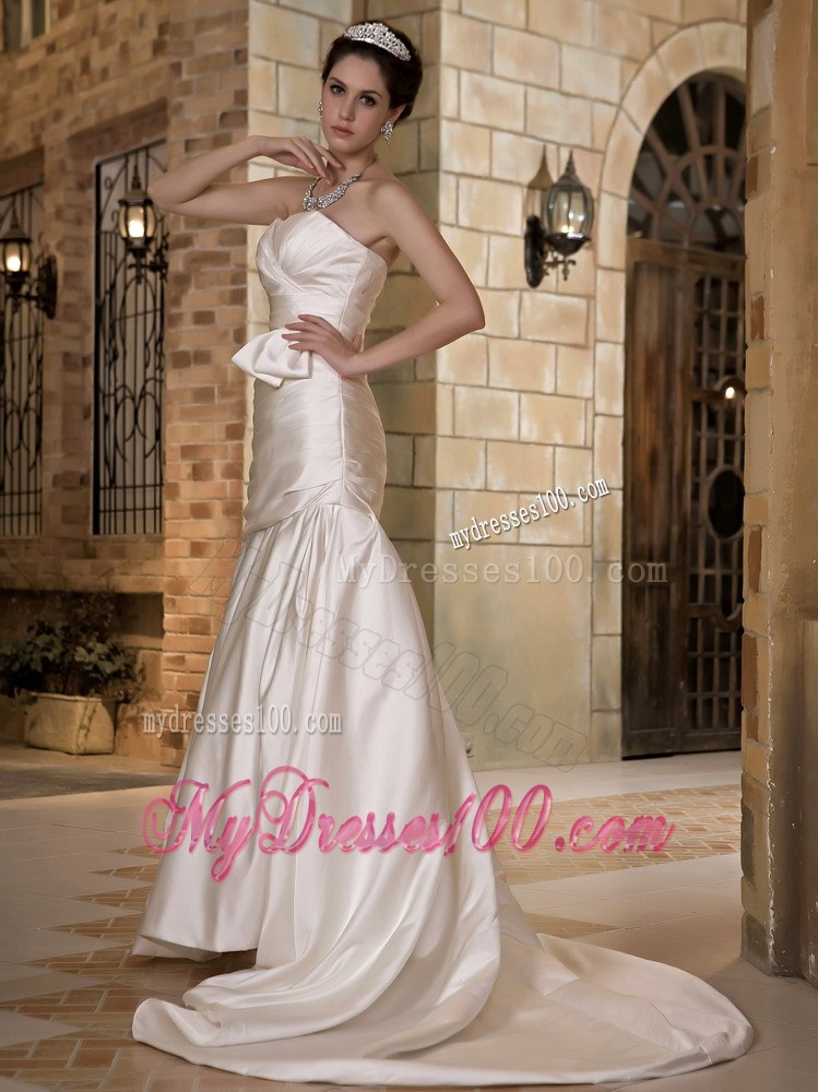 Pretentious Strapless Chapel Train Mermaid Cream Colored Wedding Dress