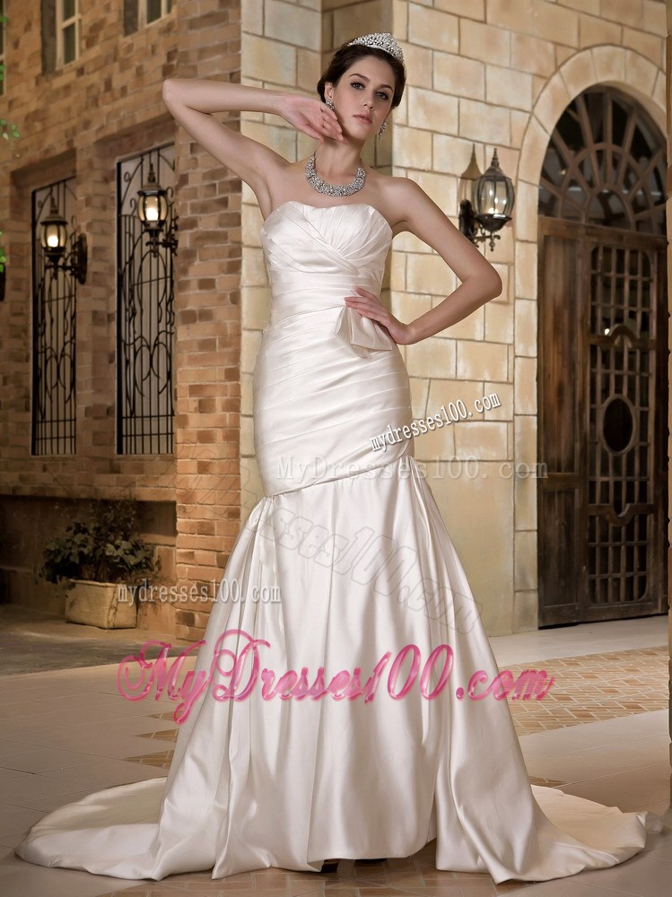 Pretentious Strapless Chapel Train Mermaid Cream Colored Wedding Dress