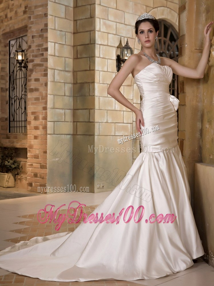Pretentious Strapless Chapel Train Mermaid Cream Colored Wedding Dress