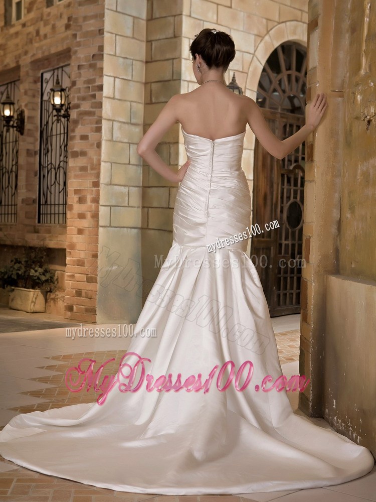 Pretentious Strapless Chapel Train Mermaid Cream Colored Wedding Dress