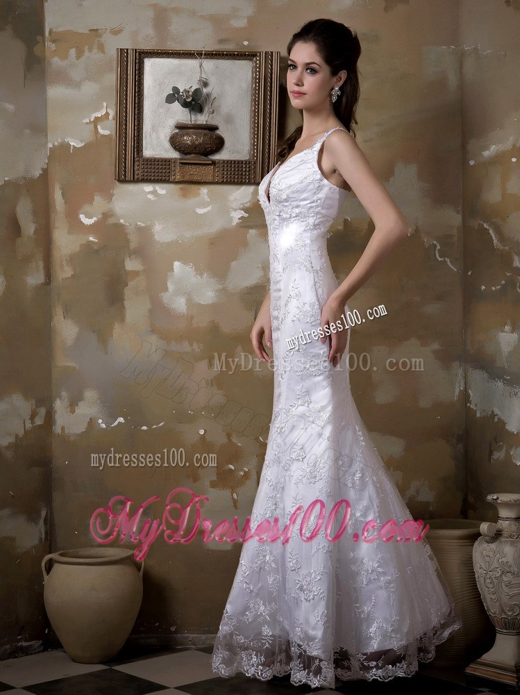 Mermaid Plunging V-neck Spaghetti Straps White Lace Wedding Dress