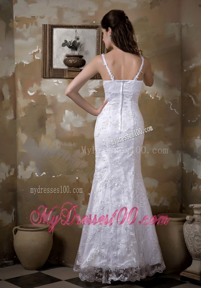 Mermaid Plunging V-neck Spaghetti Straps White Lace Wedding Dress