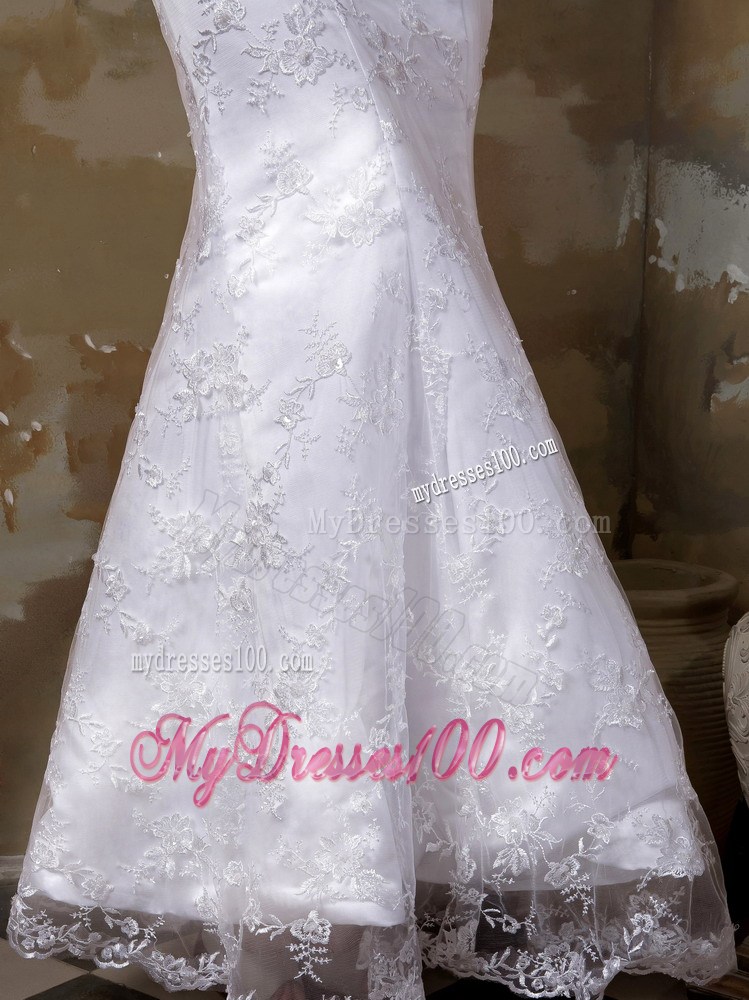 Mermaid Plunging V-neck Spaghetti Straps White Lace Wedding Dress